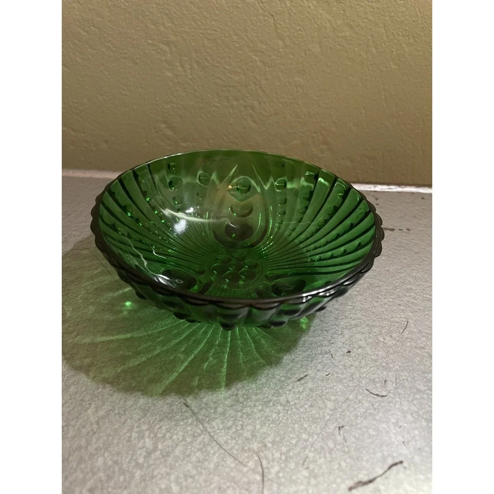 VINTAGE ANCHOR HOCKING EMERALD GREEN FOOTED DOT SMALL GLASS BOWL TRINKET(4.5